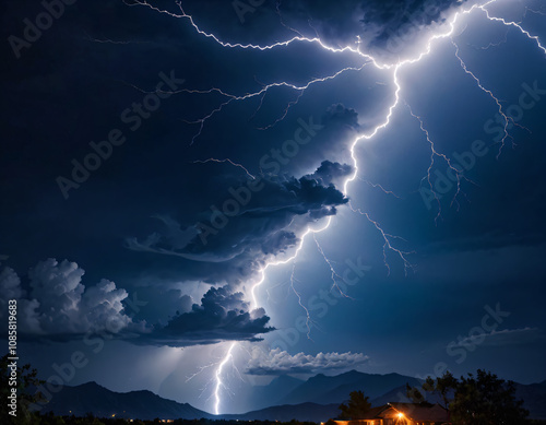 White bright lightning in the dark blue sky.