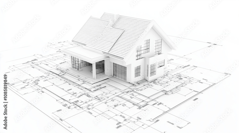 Home Design Blueprint: A 3D rendering of a modern house sits atop a detailed blueprint, symbolizing the meticulous planning and precision that goes into home construction. Home Design Blueprint: A 3D rendering of a modern house sits atop a detailed blueprint, symbolizing the meticulous planning and precision that goes into home construction.