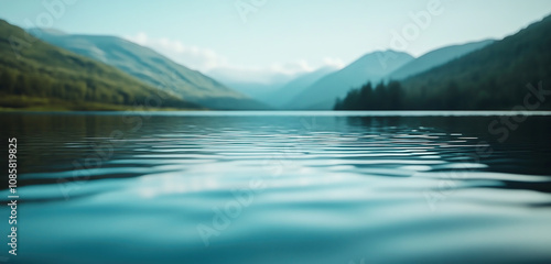 Lake water surface in the background blurred mountain landscape. 