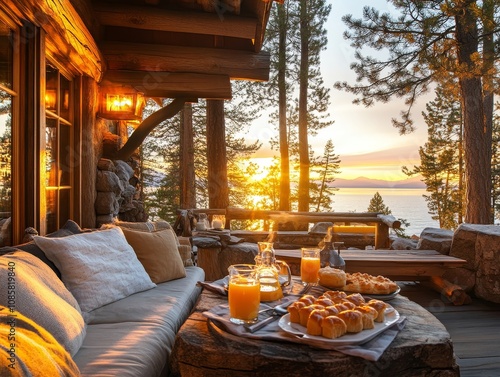 Charming log cabin with scenic lake tahoe sunset, boho decor, and cozy outdoor breakfast seating