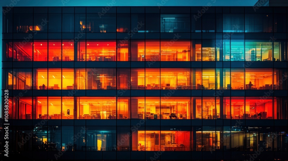 Night view of illuminated office building curtain wall, showing various lit rooms creating checkerboard effect Night view of illuminated office building curtain wall, showing various lit rooms creating checkerboard effect