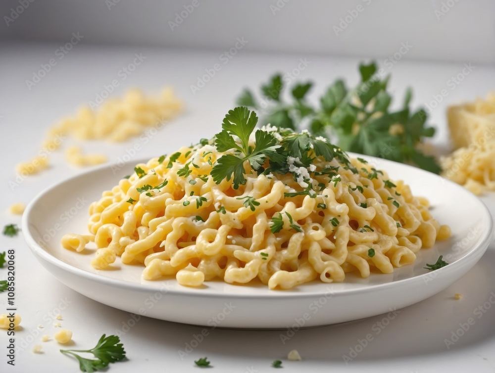 A serving of golden, buttery Spätzle on a white plate, lightly sprinkled with freshly chopped parsley.