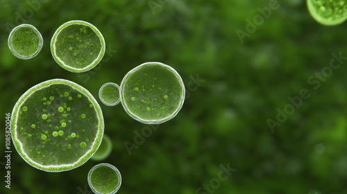 Microscopic Green Algae Cells: Intricate details of vibrant green algae cells floating in a lush green background. Perfect for educational materials, scientific publications. photo