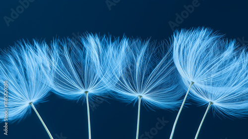 Blue Dandelion Seeds: A delicate and ethereal image of four dandelion seeds against a deep blue background, their feathery plumes resembling wisps of smoke or clouds, evoking a sense of lightness. photo