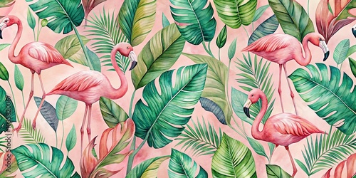 Pink Flamingos Amidst Lush Tropical Foliage, a Vibrant Watercolor Seamless Pattern