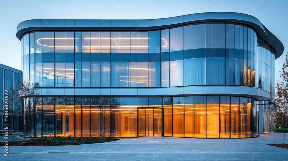 Fototapeta premium Curved curtain wall facade with rippling glass panels, displaying innovative architectural design