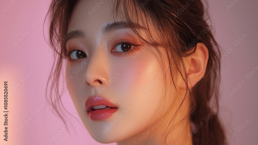 Fototapeta premium A close-up portrait of a young woman with glowing skin, soft makeup, and a dreamy background, conveying beauty and elegance.