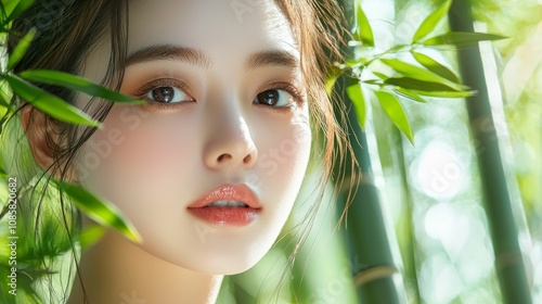 A close-up portrait of a woman surrounded by bamboo, showcasing her natural beauty and serene expression.