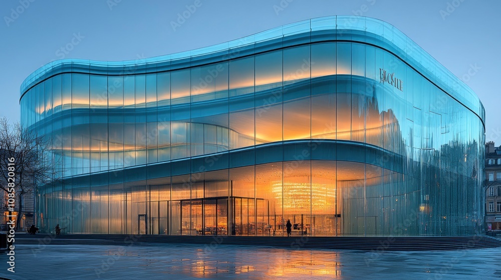 Fototapeta premium Curved curtain wall facade with rippling glass panels, displaying innovative architectural design