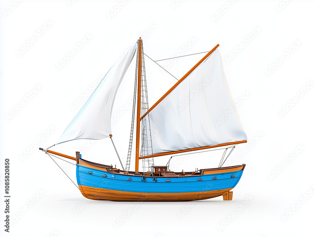 Toy Sailboat with Raised Sails Isolated on White Background Toy Sailboat with Raised Sails Isolated on White Background