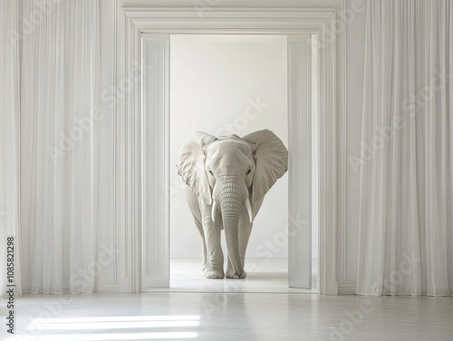 A white elephant stands in the doorframe of an all-white room