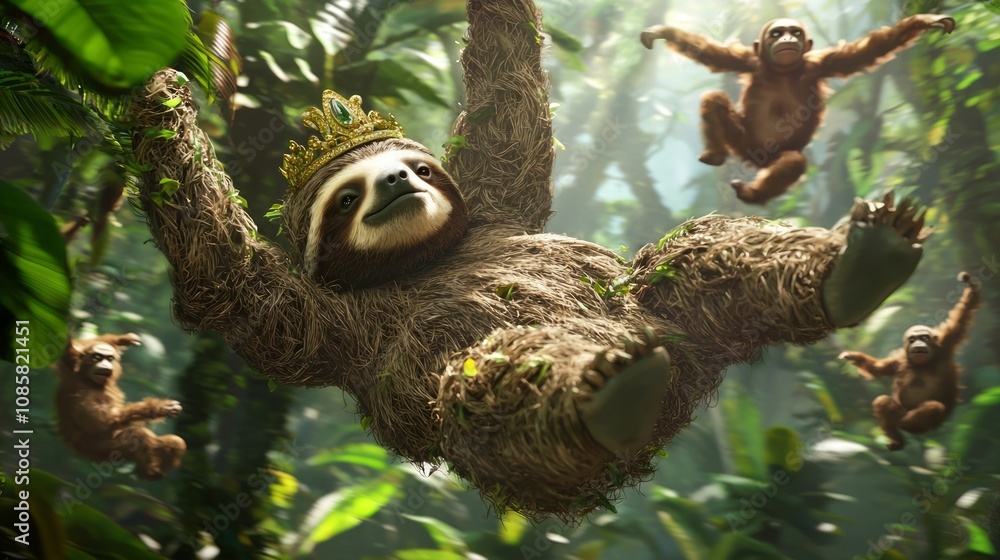 Naklejka premium Regal Sloth Amidst Playful Monkeys - 3D Render Illustration of Jungle Contrast