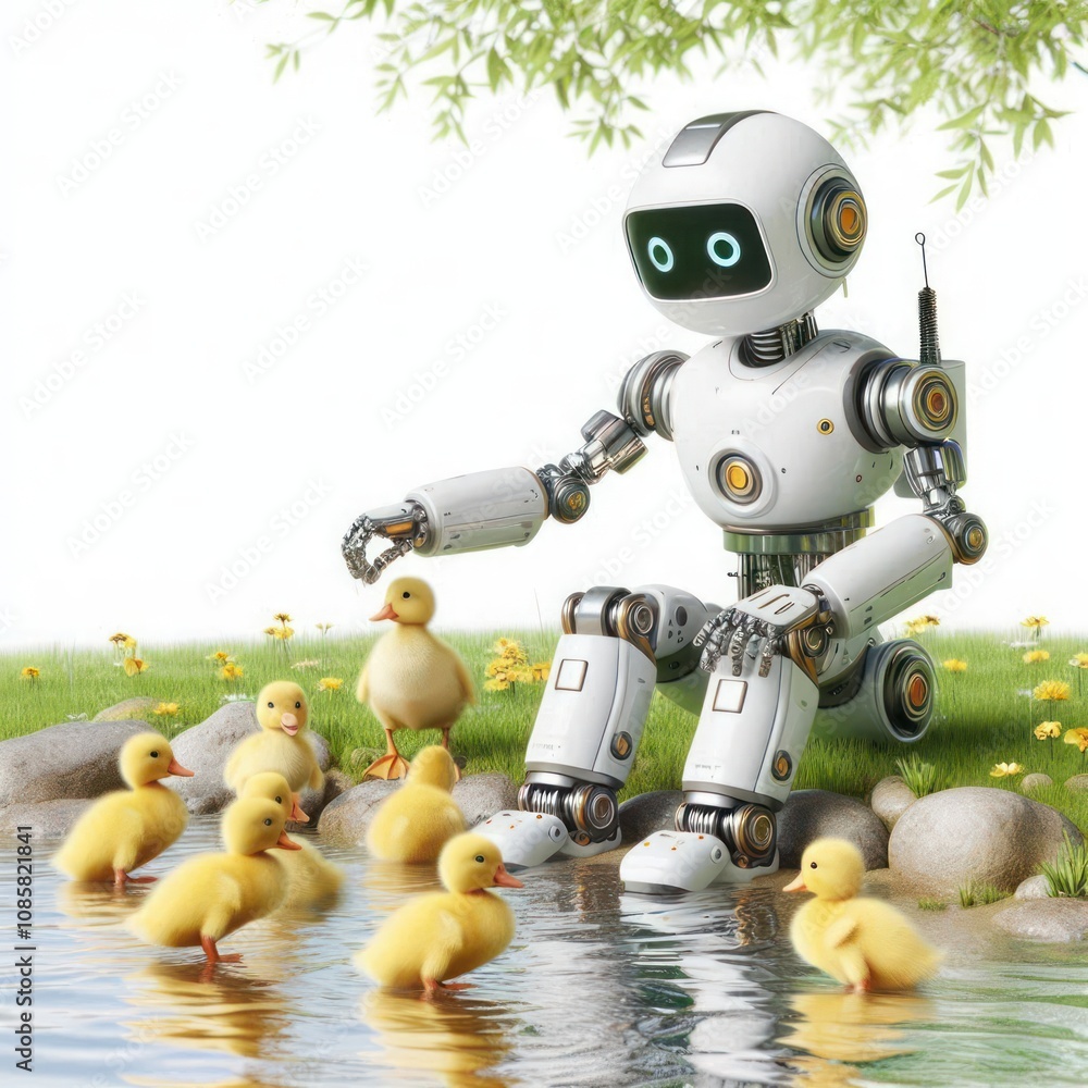 Fototapeta premium A robot plays with ducklings by the pond.