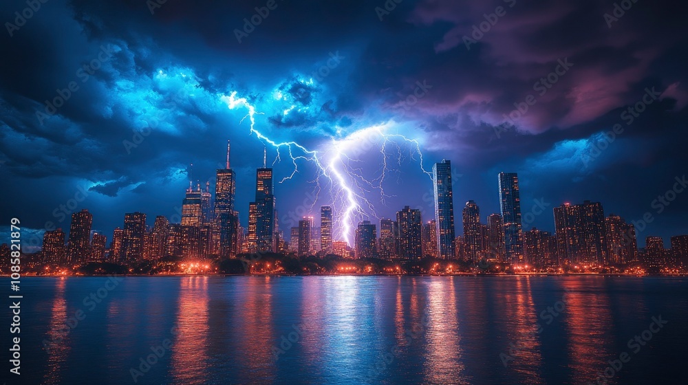 Lightning strike reflected across multiple curtain wall buildings during dramatic storm Lightning strike reflected across multiple curtain wall buildings during dramatic storm