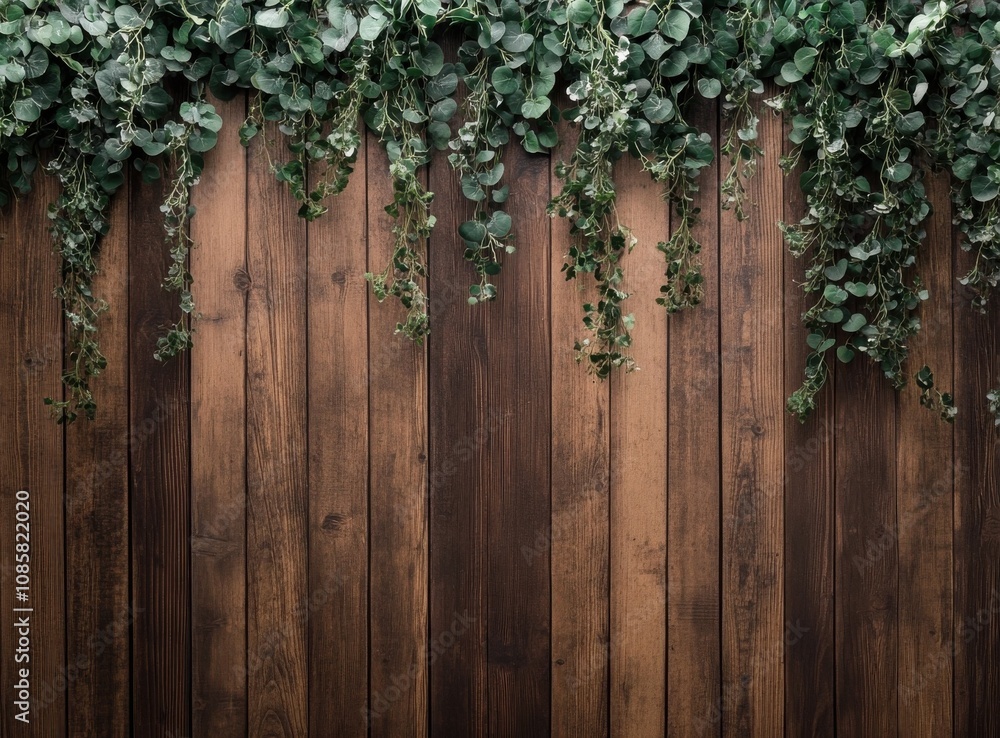 Wooden background with greenery on top, a backdrop for a photo shoot of garden accessories and decor Wooden background with greenery on top, a backdrop for a photo shoot of garden accessories and decor