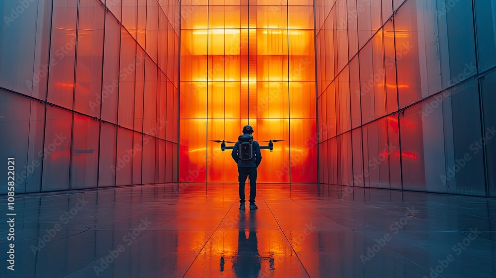 Maintenance inspection of curtain wall facade using drone, modern building maintenance concept Maintenance inspection of curtain wall facade using drone, modern building maintenance concept