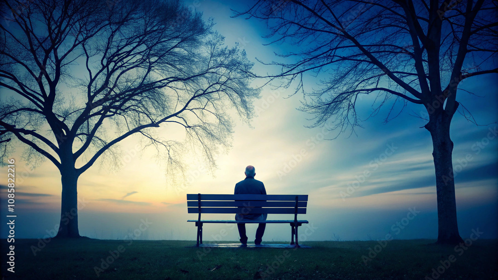 Fototapeta premium Silhouette of a person sitting on a bench between two bare trees, gazing at a serene twilight sky, evoking a sense of solitude and peaceful reflection