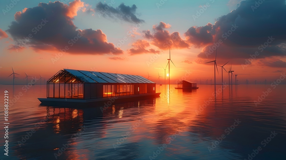 Hydrofloating Solar Hybrid Setup on Coastal Lagoon at Sunset Drone Aerial Photography Hydrofloating Solar Hybrid Setup on Coastal Lagoon at Sunset Drone Aerial Photography