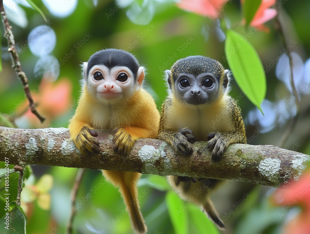 Monkeys jump from branch to branch, playing in a tropical forest that is home to huge trees covered in colorful flowers, Generative Ai Monkeys jump from branch to branch, playing in a tropical forest that is home to huge trees covered in colorful flowers, Generative Ai