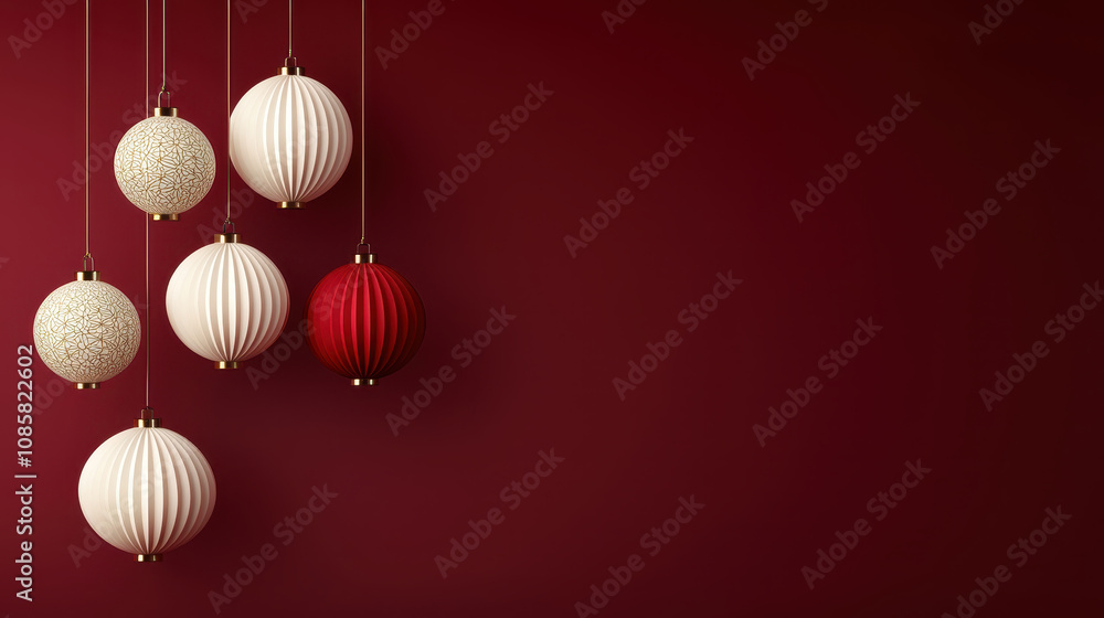 Elegant hanging ornaments in white and red against rich red background create festive atmosphere. Perfect for holiday decorations and celebrations Elegant hanging ornaments in white and red against rich red background create festive atmosphere. Perfect for holiday decorations and celebrations