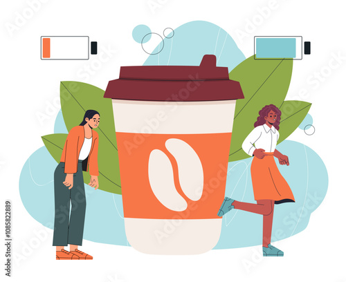 Benefits of coffee. Woman before and after mug of coffee. Low and high battery energy indicator. Energy and refreshment. Girl with hot drink. Flat vector illustration isolated on white background