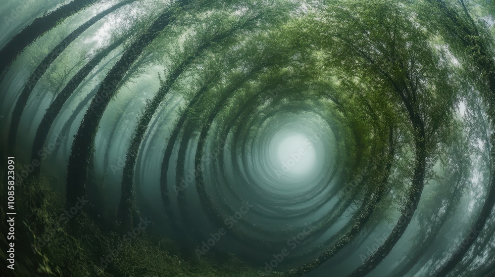Obraz premium Mystical swirling trees in a foggy forest tunnel