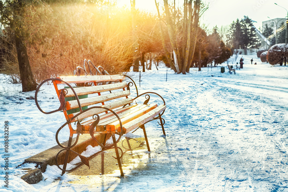 Astonishing view of park bench and trees covered by heavy snow. Astonishing view of park bench and trees covered by heavy snow.
