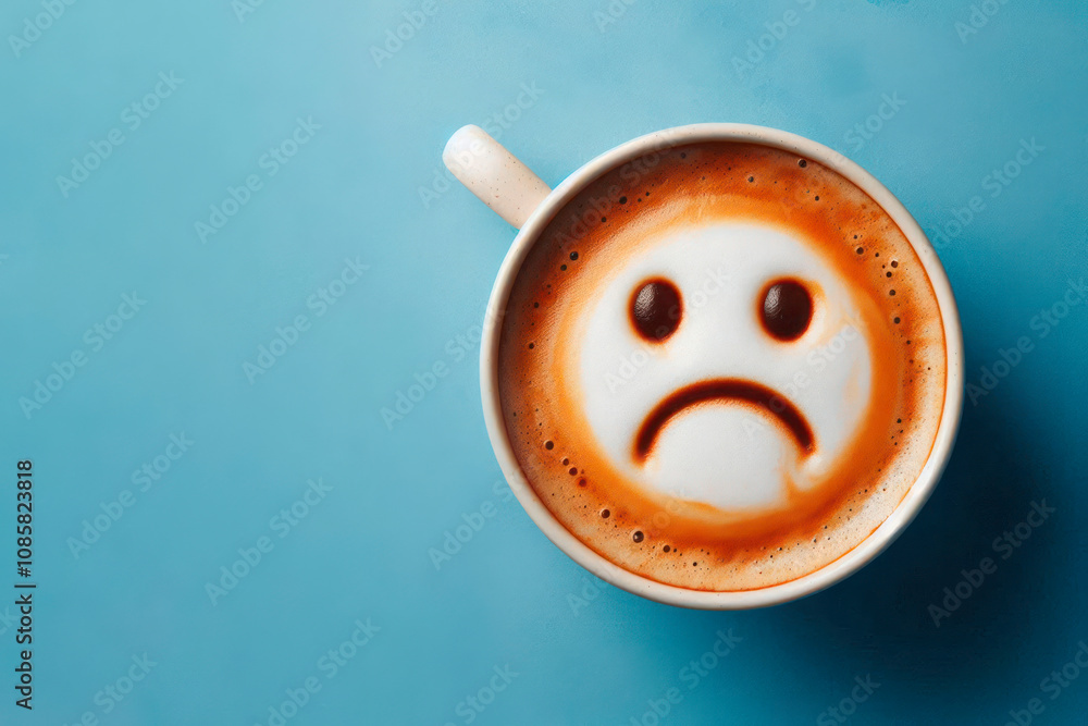 A mug of coffee with a sad smiley face on foam. Space for text. A mug of coffee with a sad smiley face on foam. Space for text.