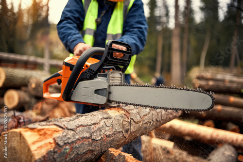 Lumberjack cutting logs with a chainsaw in a forest setting, showcasing precision and power during a timber harvesting process.