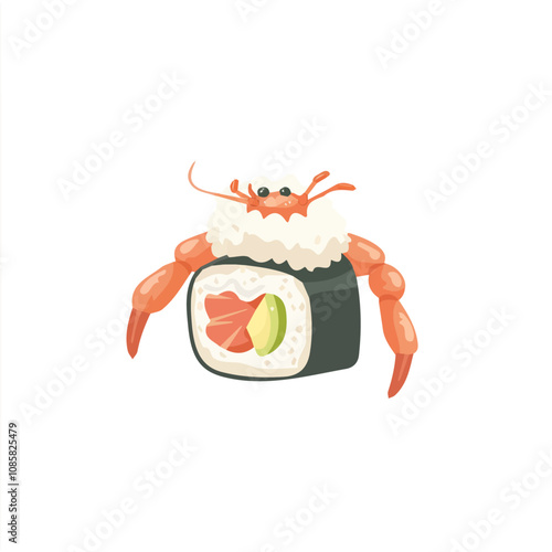 Simple flat 2D illustration of a California roll with crab and avocado isolated on a white background, vector 2D 