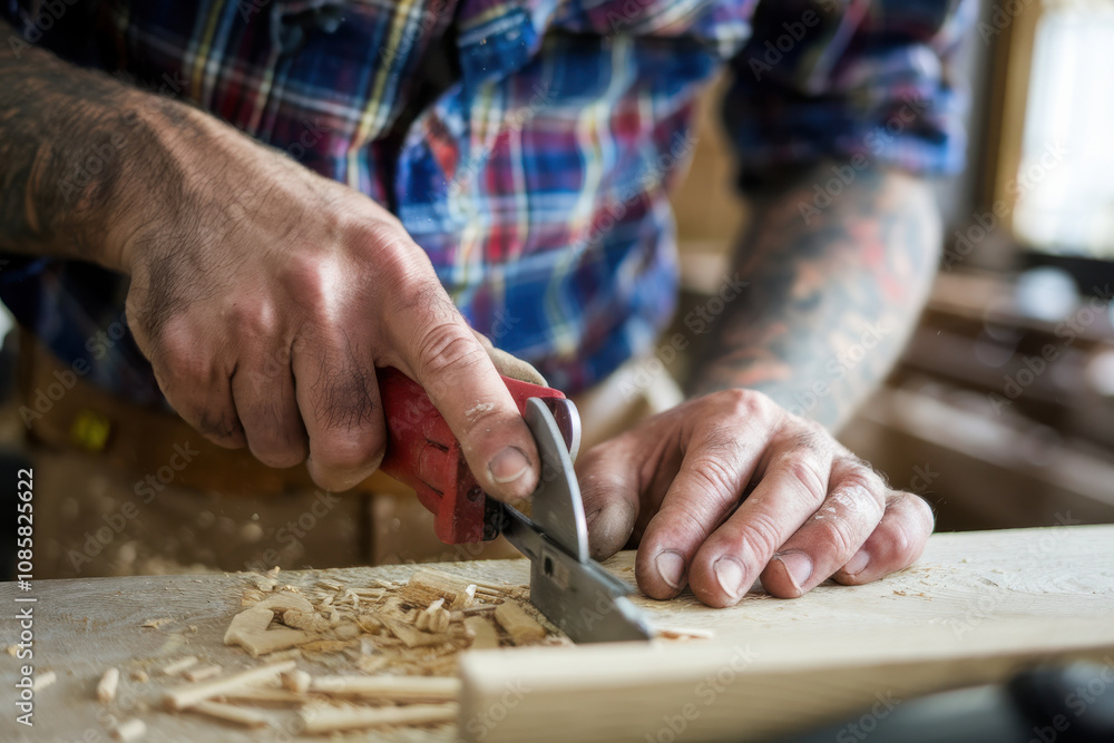 A close-up shot of a craftsman’s hands, working with precision to carve wood using a sharp tool, with wood shavings scattered around. A close-up shot of a craftsman’s hands, working with precision to carve wood using a sharp tool, with wood shavings scattered around.