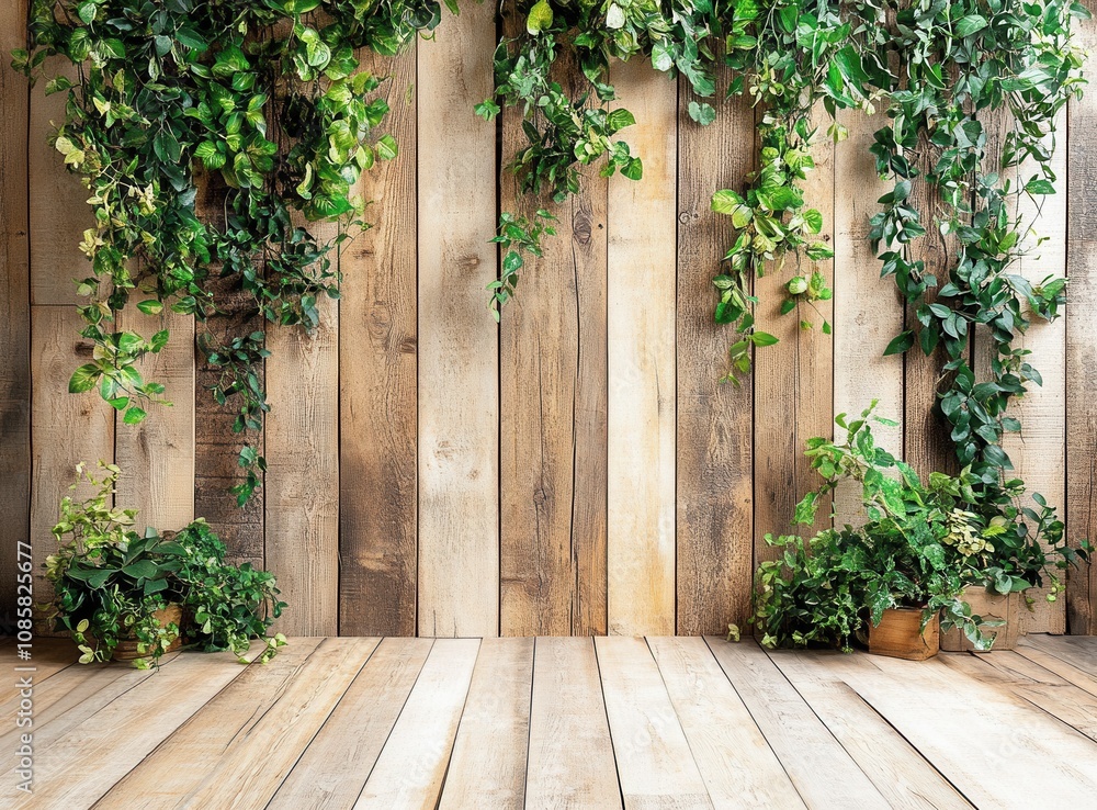 Wooden background with greenery on top, a backdrop for a photo shoot of garden accessories and decor Wooden background with greenery on top, a backdrop for a photo shoot of garden accessories and decor