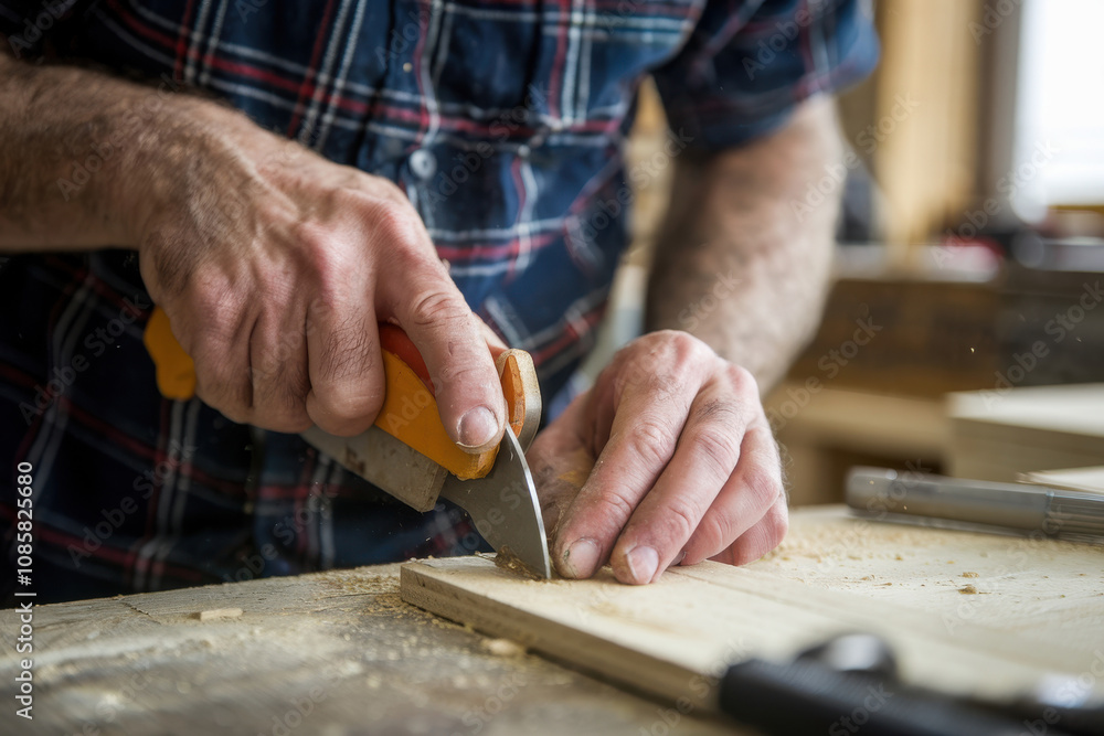 closeup view of hands of a carpenter using a utility knife to shape wood with precision, showcasing detailed craftsmanship and woodworking expertise. closeup view of hands of a carpenter using a utility knife to shape wood with precision, showcasing detailed craftsmanship and woodworking expertise.