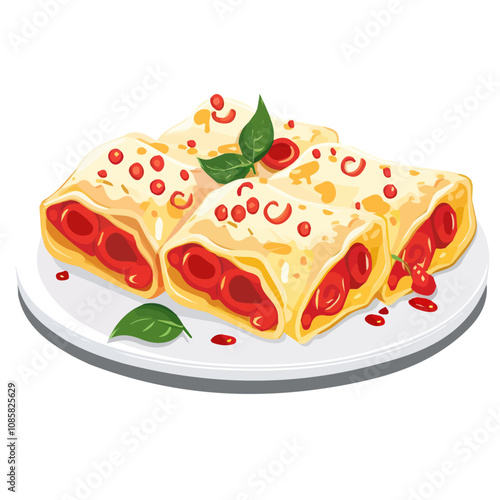 Simple flat 2D illustration of a cannelloni with meat filling isolated on a white background, vector 2D design, icon