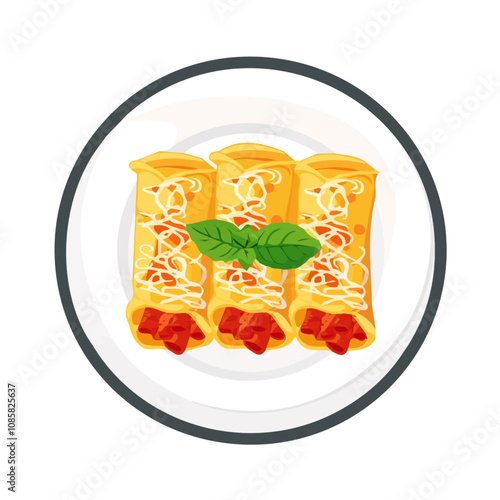 Simple flat 2D illustration of a cannelloni with meat filling isolated on a white background, vector 2D design, icon