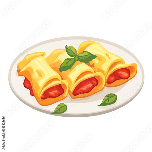 Simple flat 2D illustration of a cannelloni with meat filling isolated on a white background, vector 2D design, icon