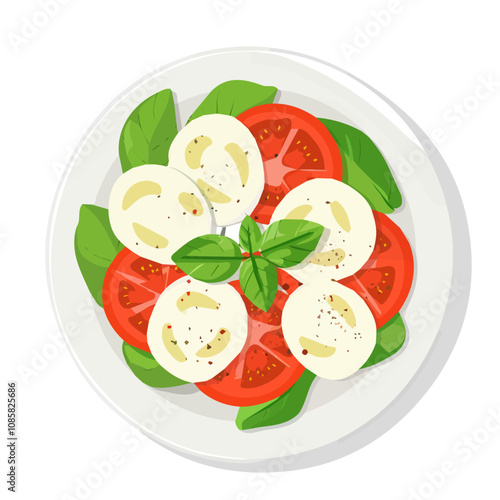 Simple flat 2D illustration of Caprese salad isolated on a white background, vector 2D Caprese salad, flat design, vector, simple illustration  tomato and basil and mozzarella cheese in a plate