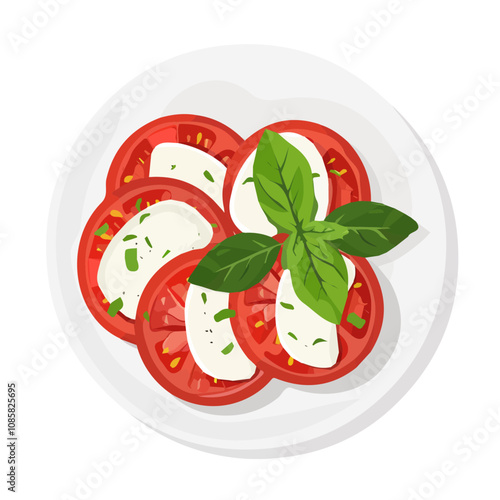 Simple flat 2D illustration of Caprese salad isolated on a white background, vector 2D Caprese salad, flat design, vector, simple illustration  tomato and basil and mozzarella cheese in a plate