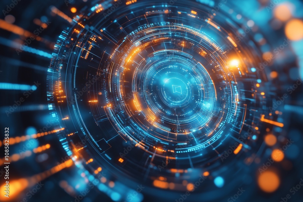 Futuristic digital interface featuring glowing blue lights against an abstract tech background Futuristic digital interface featuring glowing blue lights against an abstract tech background
