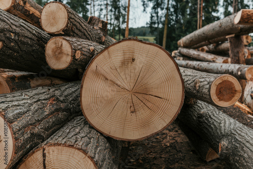 Close-up view of cross-cut tree logs neatly arranged in a forest, highlighting the fine details of wood grain and annual growth rings with natural earthy tones. photo