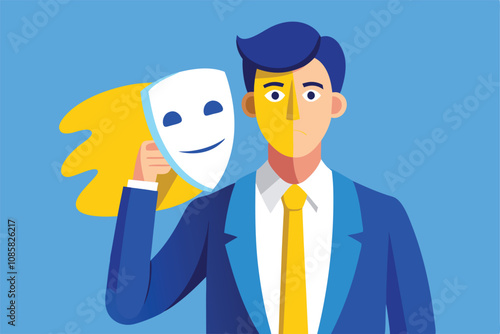 man removing mask symbolizing honesty and self-discovery vector illustration.

