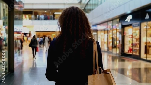 A woman walks through a shopping mall with a shopping bag