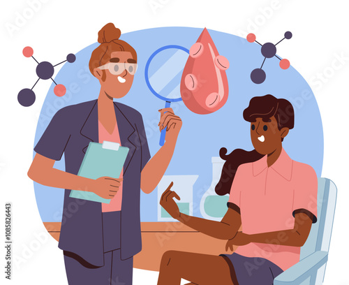 Blood test concept. Woman in medical uniform with magnifying glass with sample. Healthcare and medicine. Diagnosis and treatment. Assessing insulin and sugar levels. Flat vector illustration