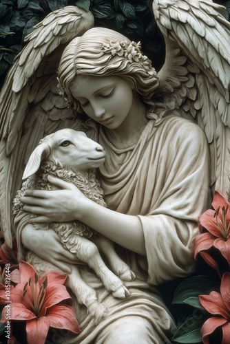 A peaceful garden filled with blooming lilies and an ethereal figure with wings gently cradling a newborn lamb photo