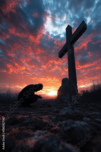A solemn figure in deep prayer at the foot of a rugged cross, silhouetted against a radiant sunset sky. The emotive scene conveys a profound sense of surrender, redemption, and ultimate sacrifice 