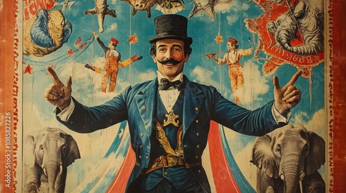Vintage Circus Poster Featuring Ringmaster Elephants And Aerialists