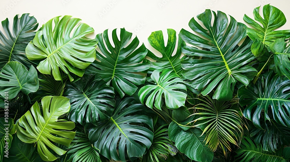 A lush arrangement of green tropical leaves creating a vibrant, natural backdrop. A lush arrangement of green tropical leaves creating a vibrant, natural backdrop.