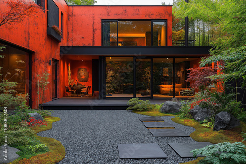 maison moderne, avec jardin japonais, zen, plan extérieur maison 3D réaliste, HDR, photographie immobilière, décoration, tendance, architecte, design, mode, fonctionnel, moderne, élégant photo