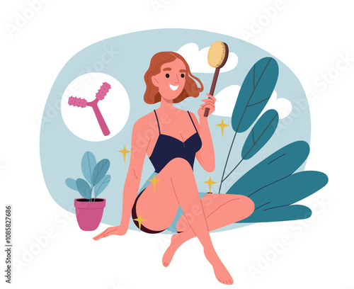 Woman with body massage brush. Young girl with skin care. Beauty procedures and treatment. Aesthetics and elegance. Hygiene and cleanliness. Flat vector illustration isolated on white background