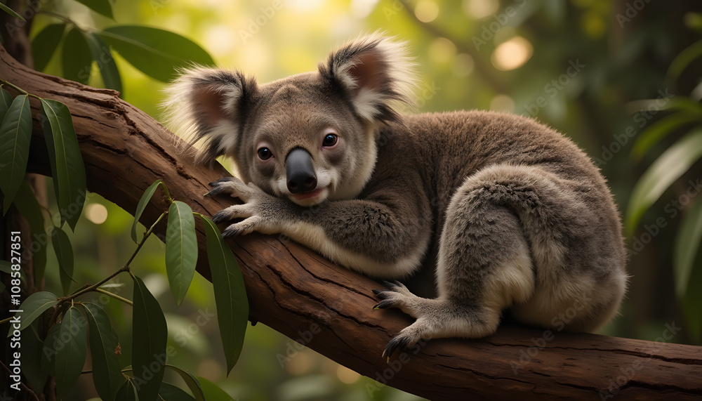 Fototapeta premium cute koala resting on a tree branch surrounded by lush greenery in its natural habitat
